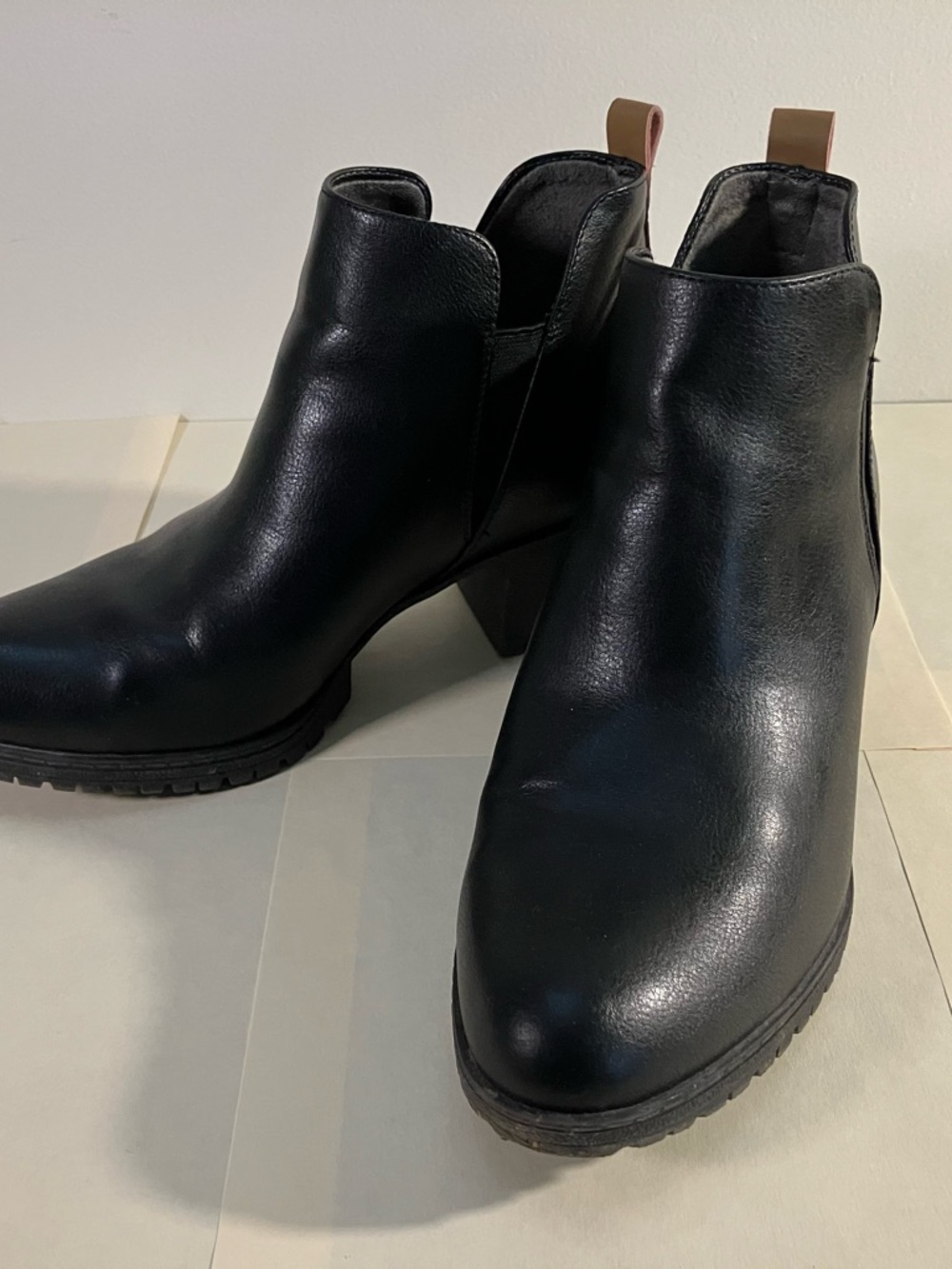 Dr. Scholl's Black Leather Ankle Booties with Tan Pull Tab